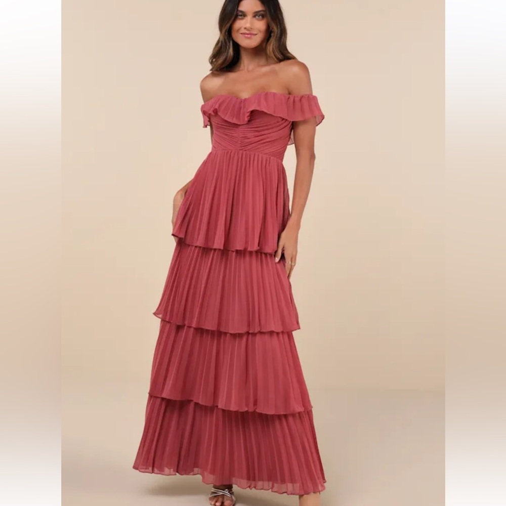 Lulus NWT Always Remarkable Rusty Rose Pleated Off-the-Shoulder Maxi Dress